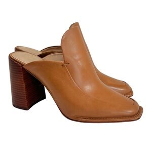 Antonio Melani Romann Brown Leather Square Toe Chunky Block Heel Mules